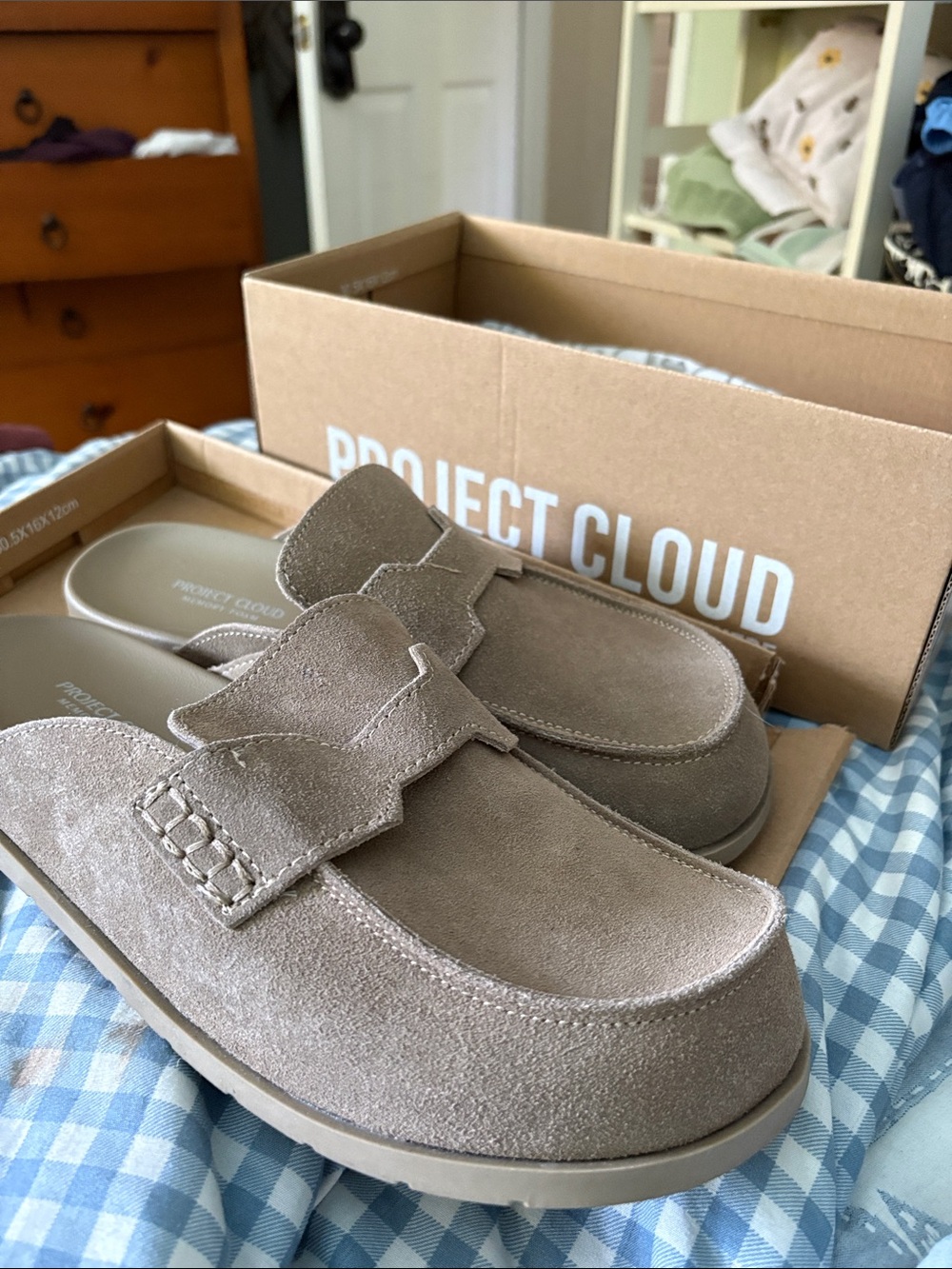 WomensSuede Slip-On Mules in Taupe